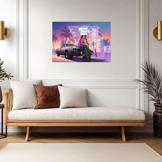 Grand Theft Auto VI Lucia & Jason on Car | Vice City Sunset Poster | Gamer Gift Wall Art - Video Games Poster