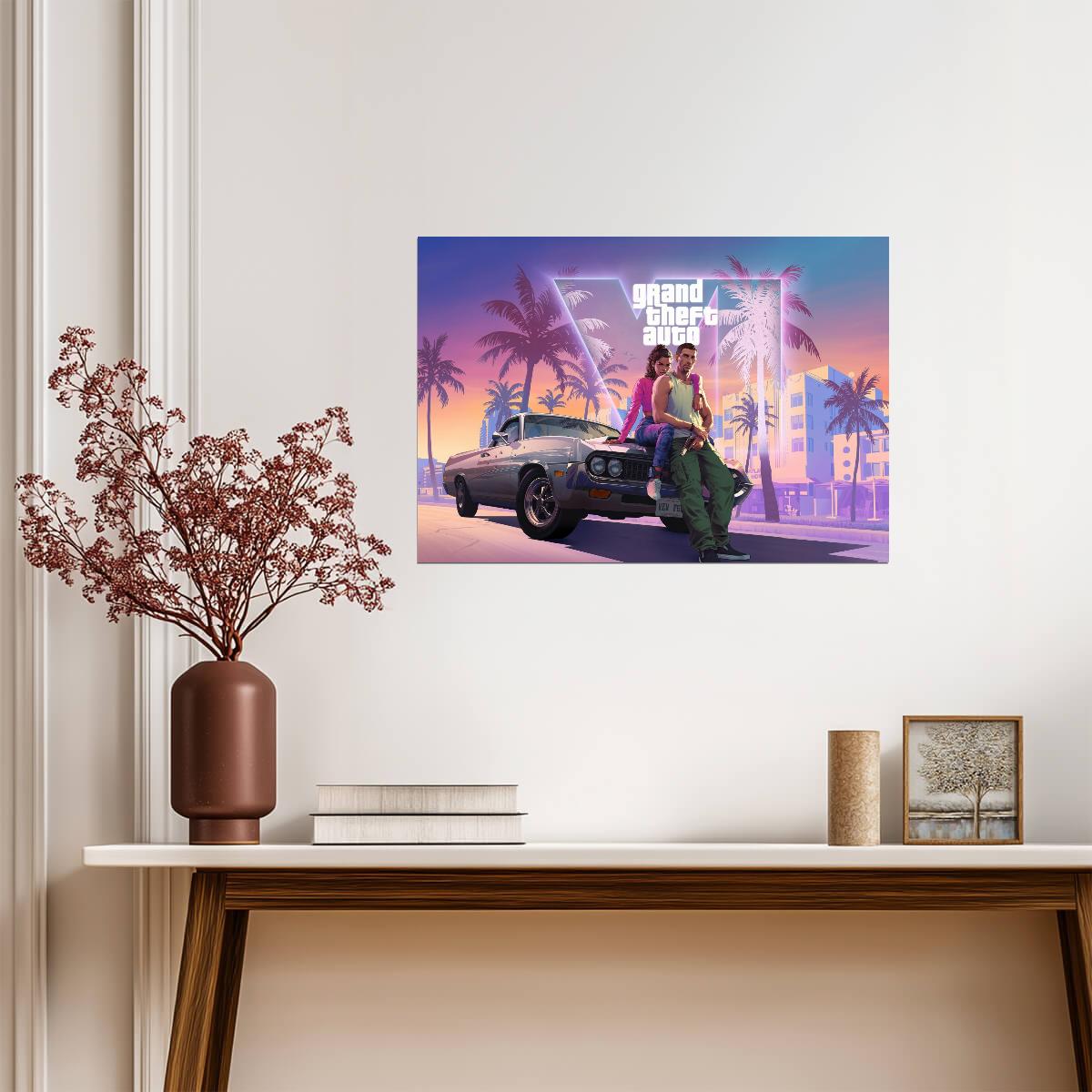 Grand Theft Auto VI Lucia & Jason on Car | Vice City Sunset Poster | Gamer Gift Wall Art - Video Games Poster