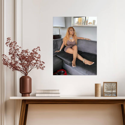 Nicki Minaj Barbie Necklace Photoshoot | Brown Dress on Couch Poster | Hip Hop Star Wall Art - Music Poster