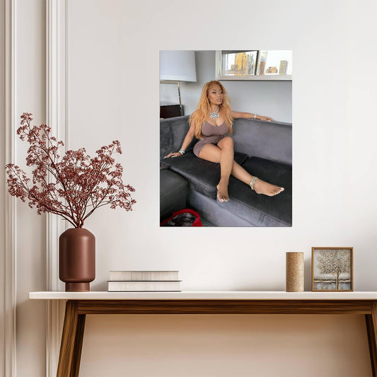 Nicki Minaj Barbie Necklace Photoshoot | Brown Dress on Couch Poster | Hip Hop Star Wall Art - Music Poster