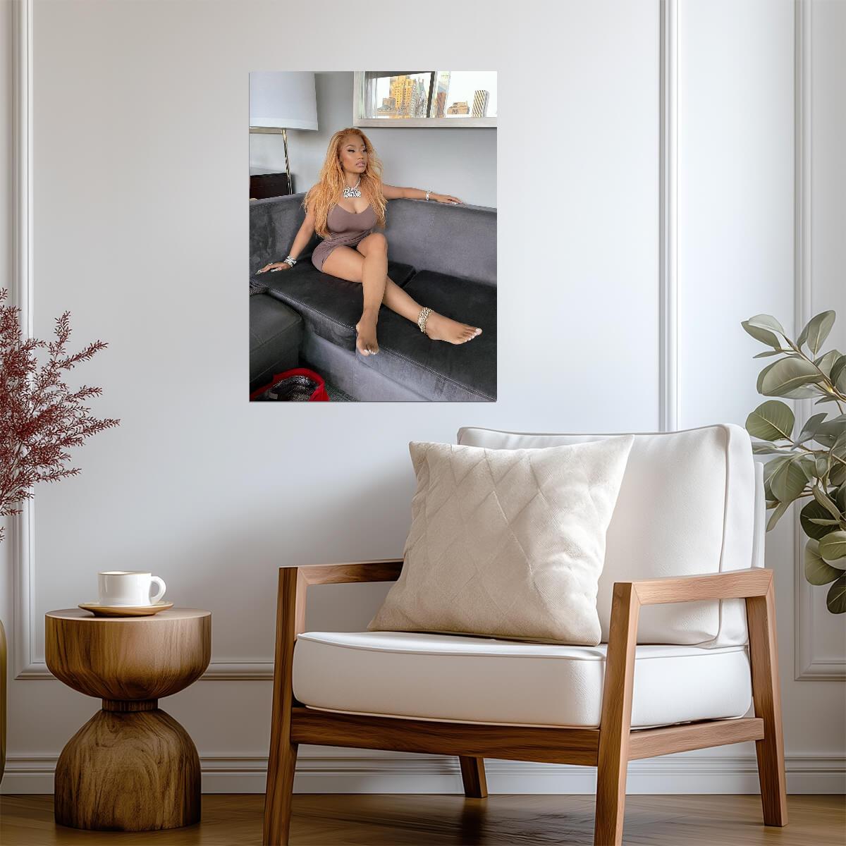 Nicki Minaj Barbie Necklace Photoshoot | Brown Dress on Couch Poster | Hip Hop Star Wall Art - Music Poster