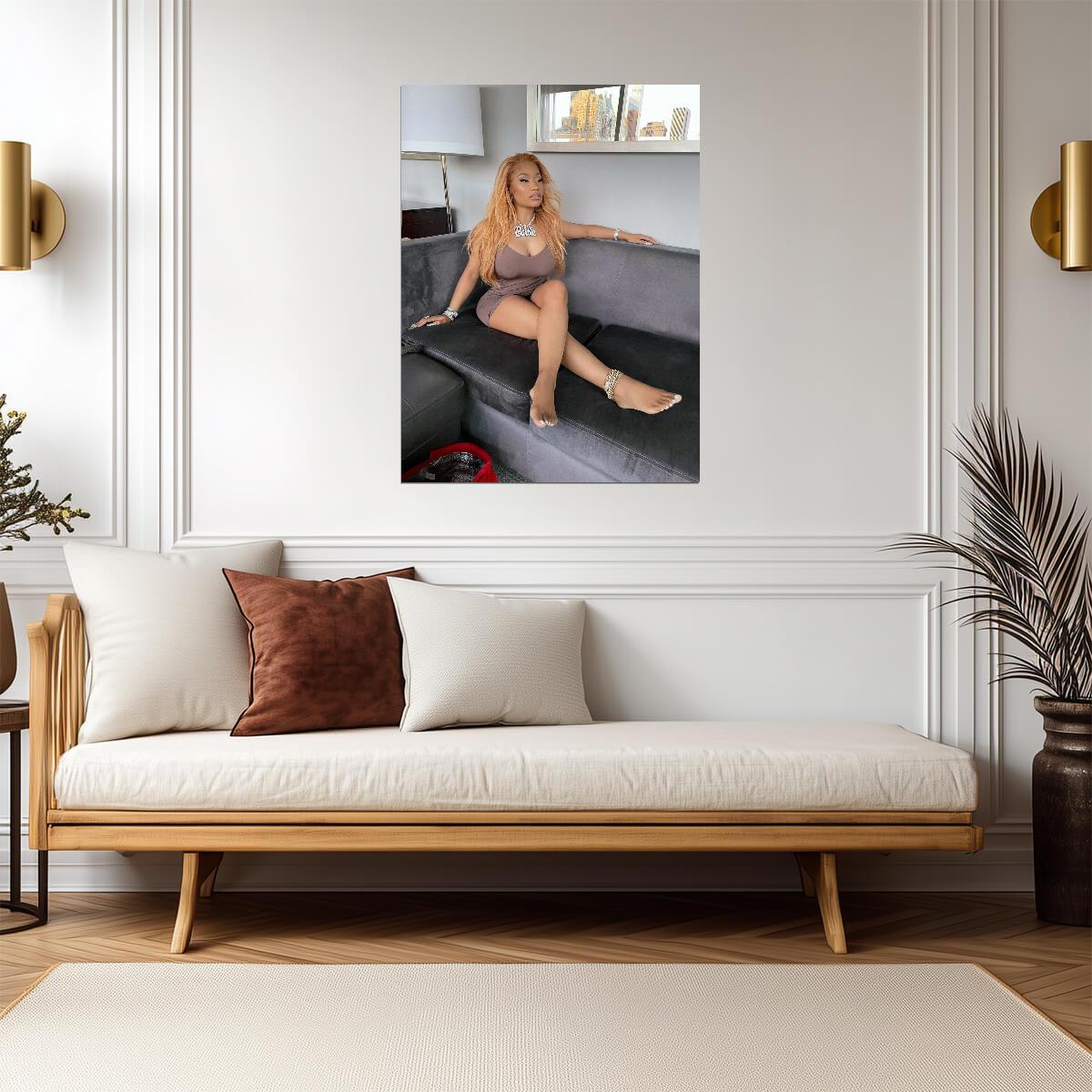 Nicki Minaj Barbie Necklace Photoshoot | Brown Dress on Couch Poster | Hip Hop Star Wall Art - Music Poster
