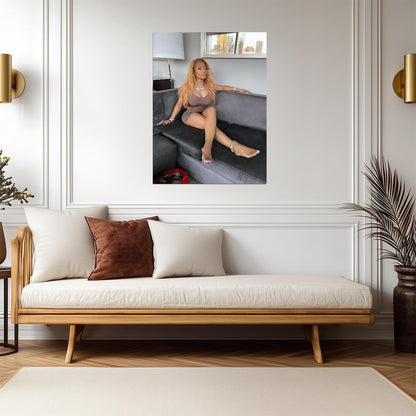 Nicki Minaj Barbie Necklace Photoshoot | Brown Dress on Couch Poster | Hip Hop Star Wall Art - Music Poster