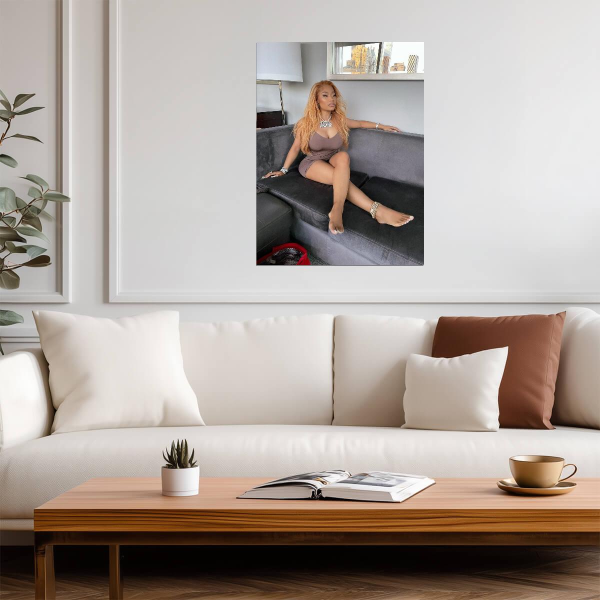 Nicki Minaj Barbie Necklace Photoshoot | Brown Dress on Couch Poster | Hip Hop Star Wall Art - Music Poster