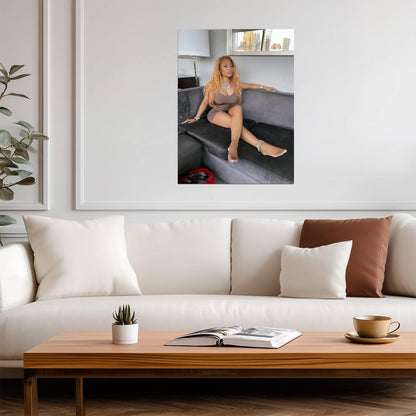 Nicki Minaj Barbie Necklace Photoshoot | Brown Dress on Couch Poster | Hip Hop Star Wall Art - Music Poster