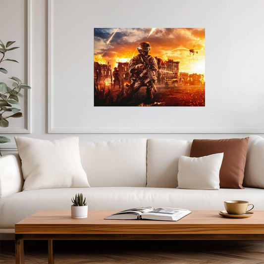 Call of Duty Warzone Soldier | Battlefield Inferno Poster | FPS Gaming Room Decor - Video Games Poster