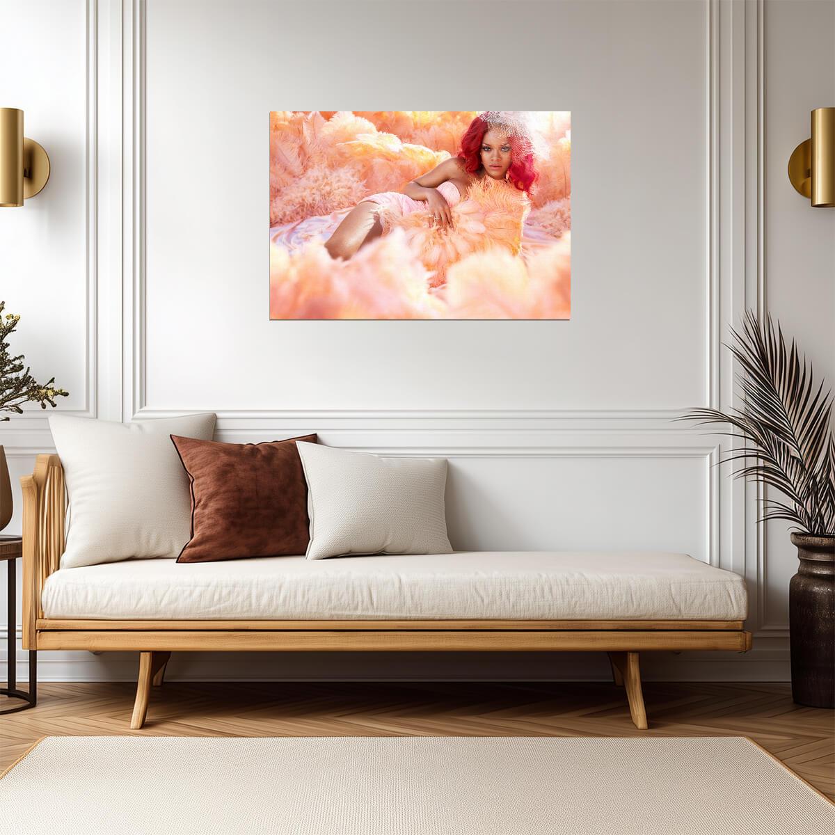 Rihanna Loud Era Photoshoot | Red Hair Pink Feathers Poster | Music Star Wall Art - Music Poster