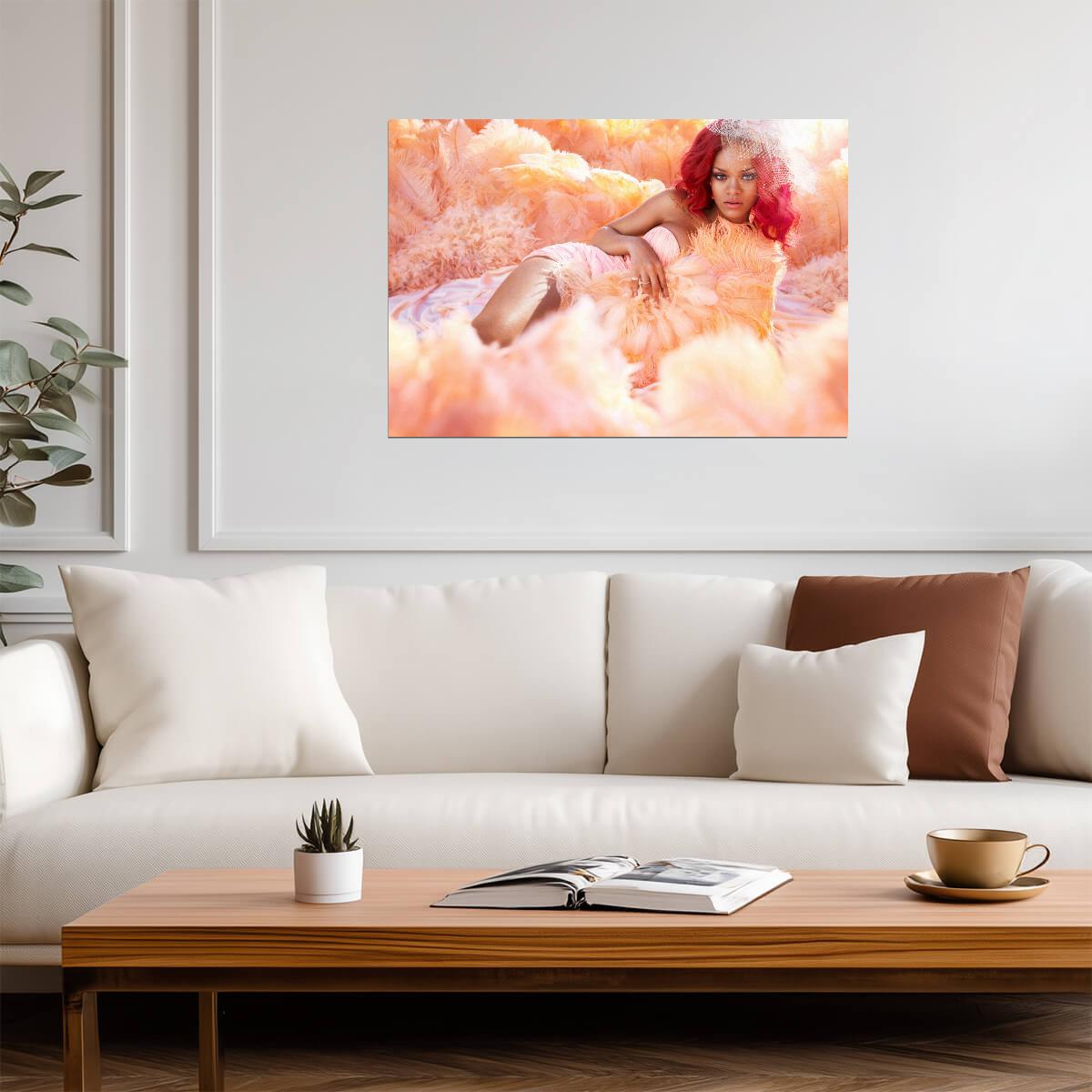 Rihanna Loud Era Photoshoot | Red Hair Pink Feathers Poster | Music Star Wall Art - Music Poster