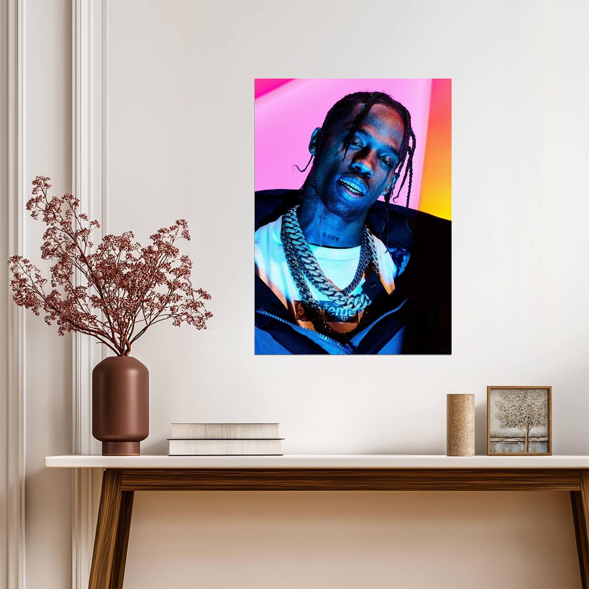 Travis Scott Neon Light Portrait | Hip Hop Music Poster | Vibrant Rap Art - Music Poster