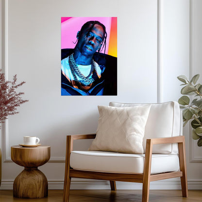 Travis Scott Neon Light Portrait | Hip Hop Music Poster | Vibrant Rap Art - Music Poster