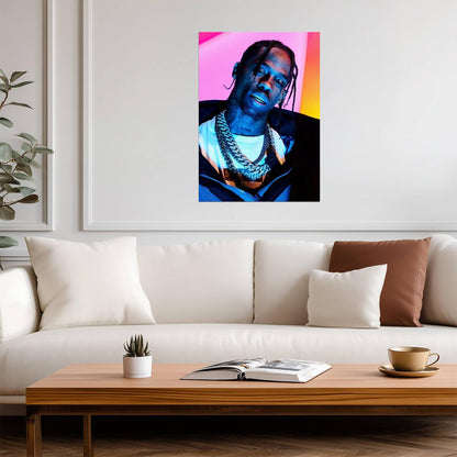 Travis Scott Neon Light Portrait | Hip Hop Music Poster | Vibrant Rap Art - Music Poster
