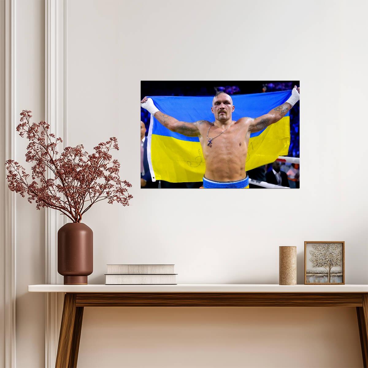 Oleksandr Usyk Holding Ukraine Flag | Boxing Champion Poster | Sports Wall Art - Sports Poster