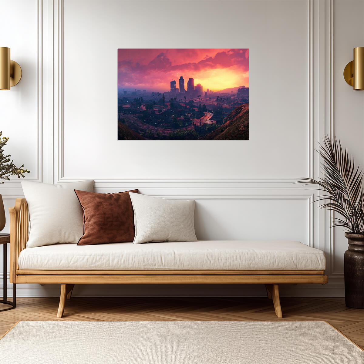 Grand Theft Auto V Los Santos Sunset | Cityscape Scenery Poster | Open World Game Decor - Video Games Poster