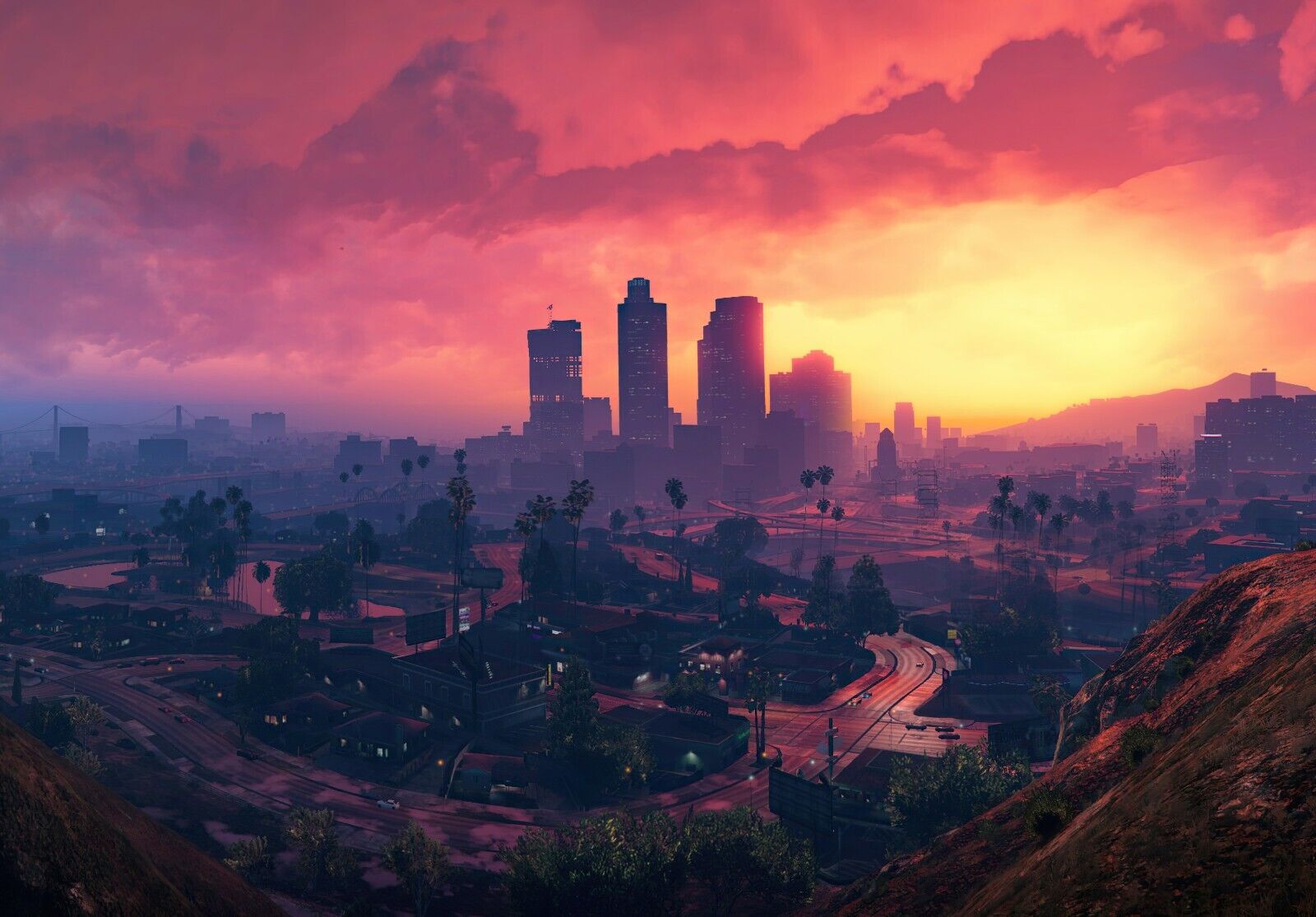 Grand Theft Auto V Los Santos Sunset | Cityscape Scenery Poster | Open World Game Decor - Video Games Poster