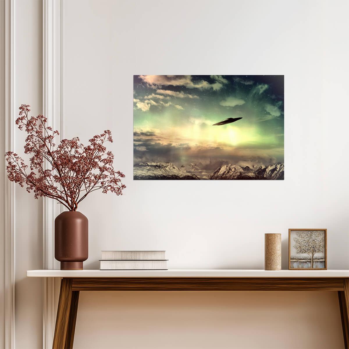 UFO Over Dramatic Sky | Sci-Fi Landscape Poster | Alien Spaceship Art - Graphic & Art Poster