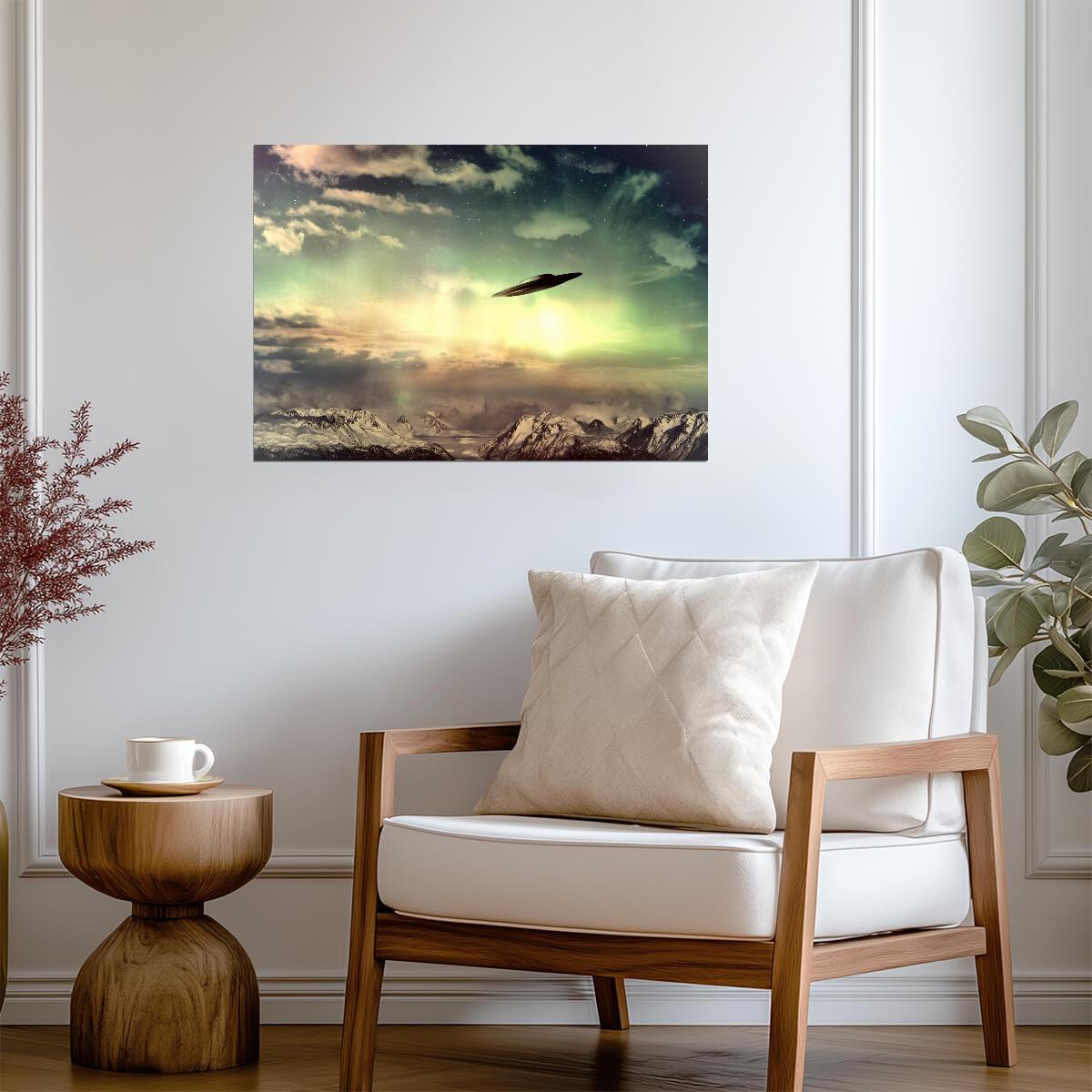 UFO Over Dramatic Sky | Sci-Fi Landscape Poster | Alien Spaceship Art - Graphic & Art Poster