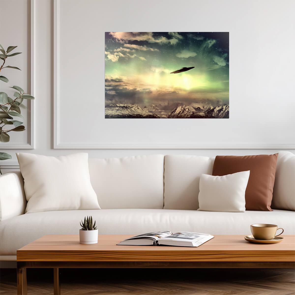 UFO Over Dramatic Sky | Sci-Fi Landscape Poster | Alien Spaceship Art - Graphic & Art Poster