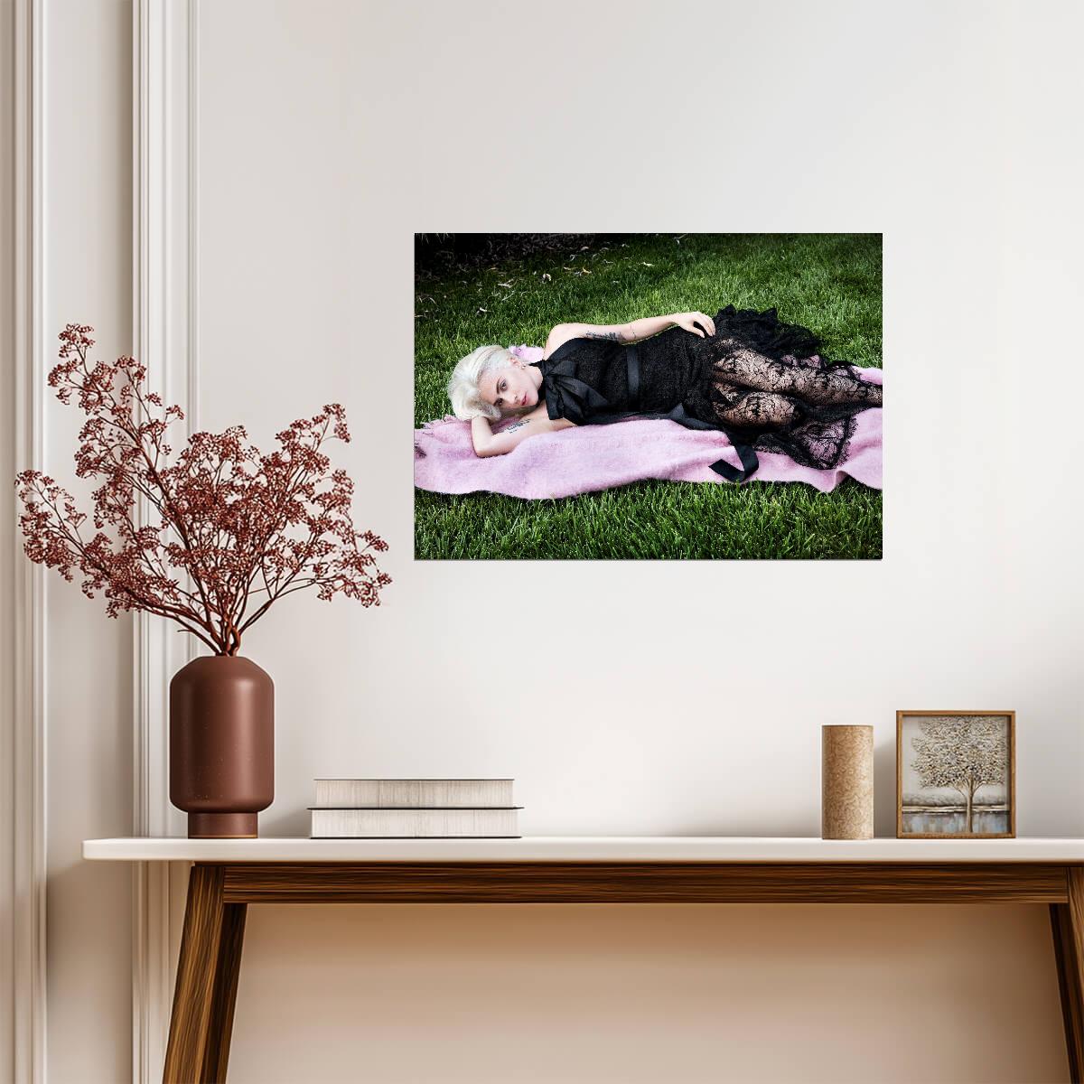 Lady Gaga Lying on Grass | Black Lace Dress Poster | Music Star Wall Art - Music Poster