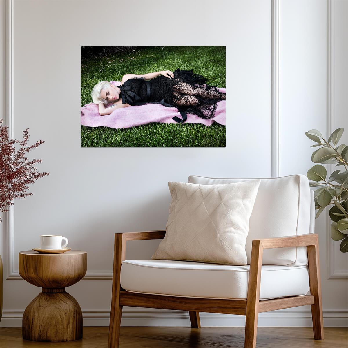 Lady Gaga Lying on Grass | Black Lace Dress Poster | Music Star Wall Art - Music Poster