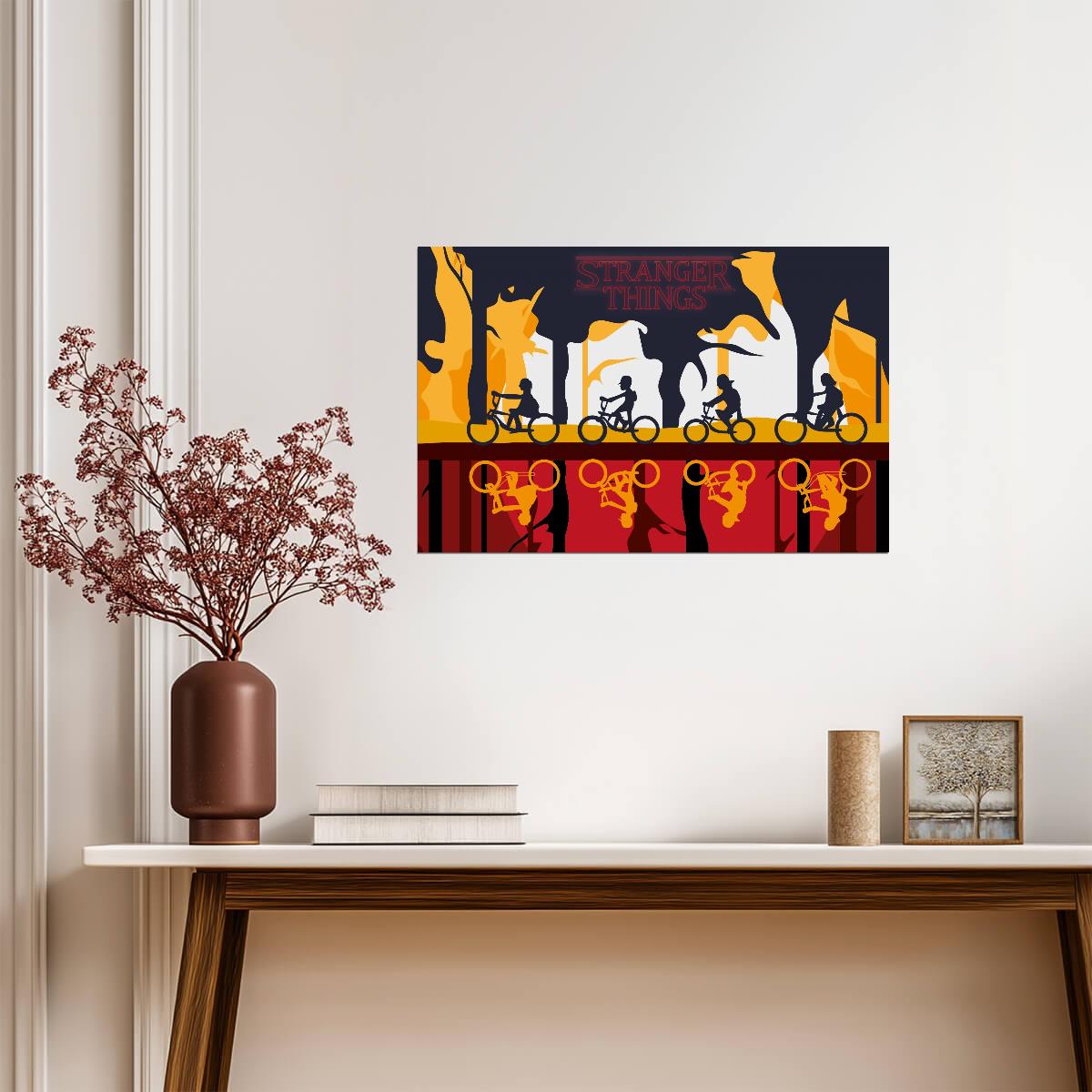 Stranger Things Kids on Bikes | Upside Down Reflection Poster | Graphic TV Show Art - Movies & TV Poster