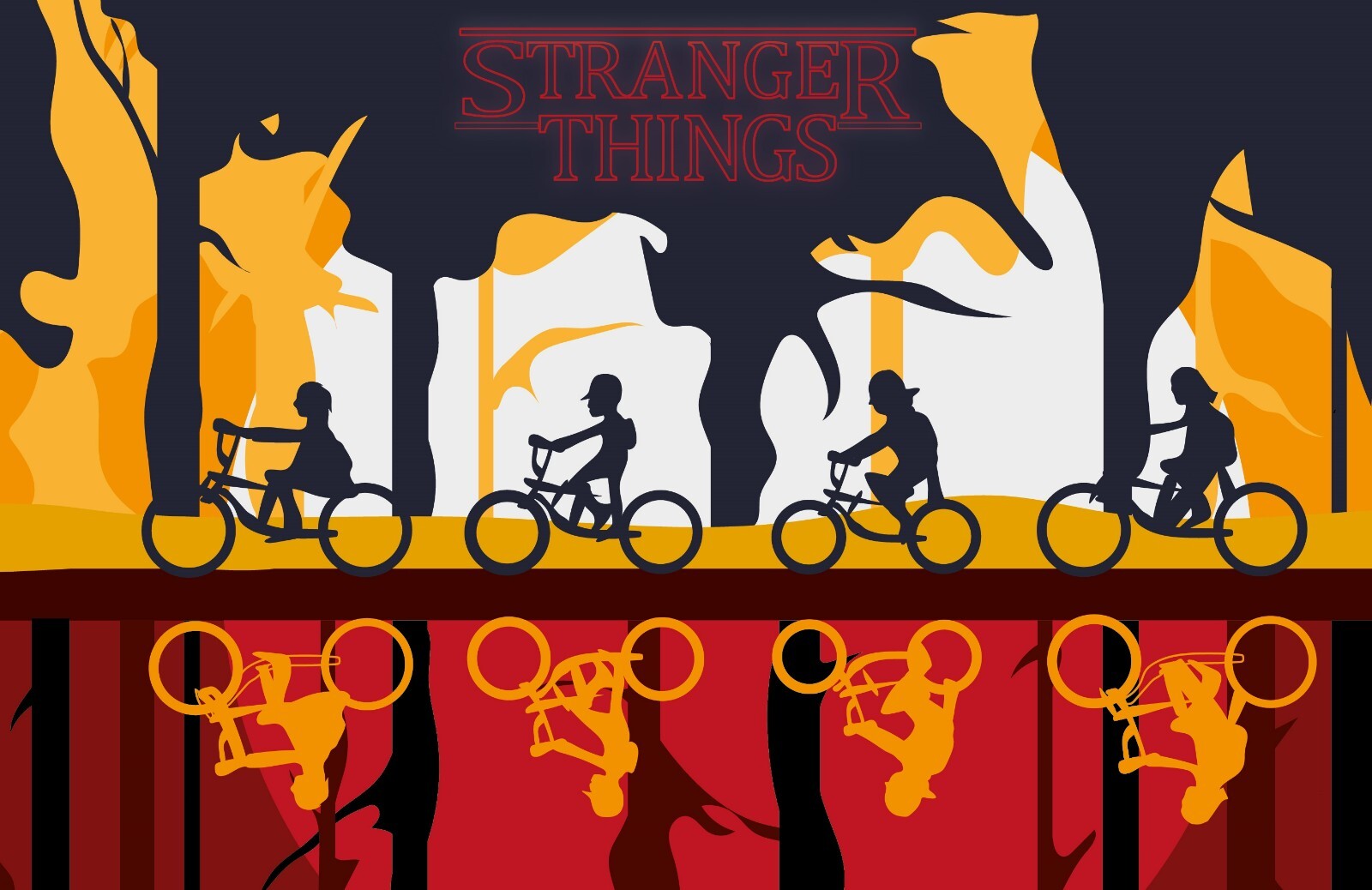 Stranger Things Kids on Bikes | Upside Down Reflection Poster | Graphic TV Show Art - Movies & TV Poster