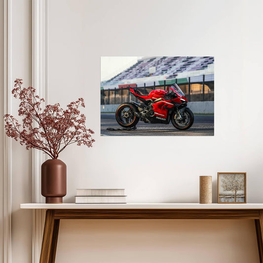 Ducati Panigale V4 S | Red Italian Superbike Poster | Supersport Motorcycle on Racetrack - Cars Poster
