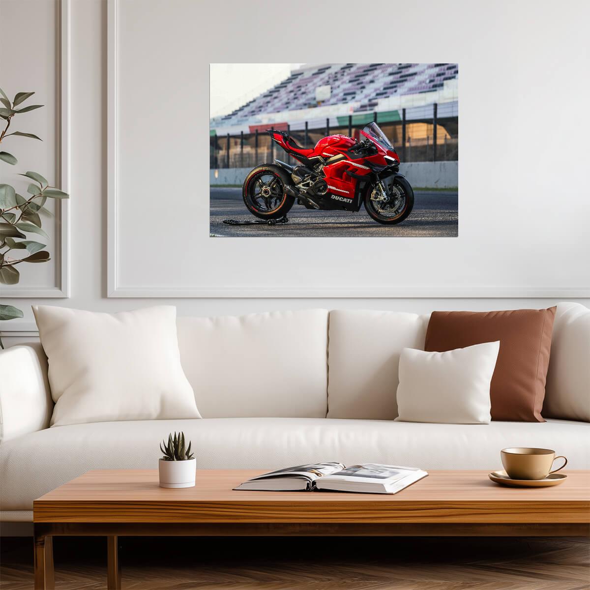 Ducati Panigale V4 S | Red Italian Superbike Poster | Supersport Motorcycle on Racetrack - Cars Poster