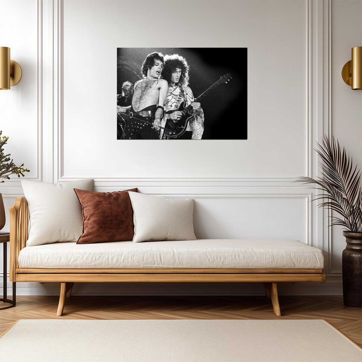 Queen Freddie Mercury & Brian May Live | Black and White Concert Photo | Rock and Roll Legend Poster - Music Poster