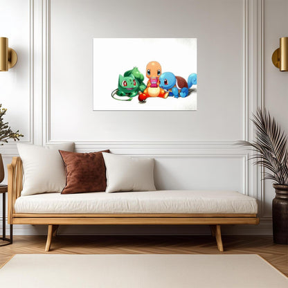 Pokemon Starters Playing Game Boy | Bulbasaur Charmander & Squirtle | Cute Retro Gaming Poster - Video Games Poster