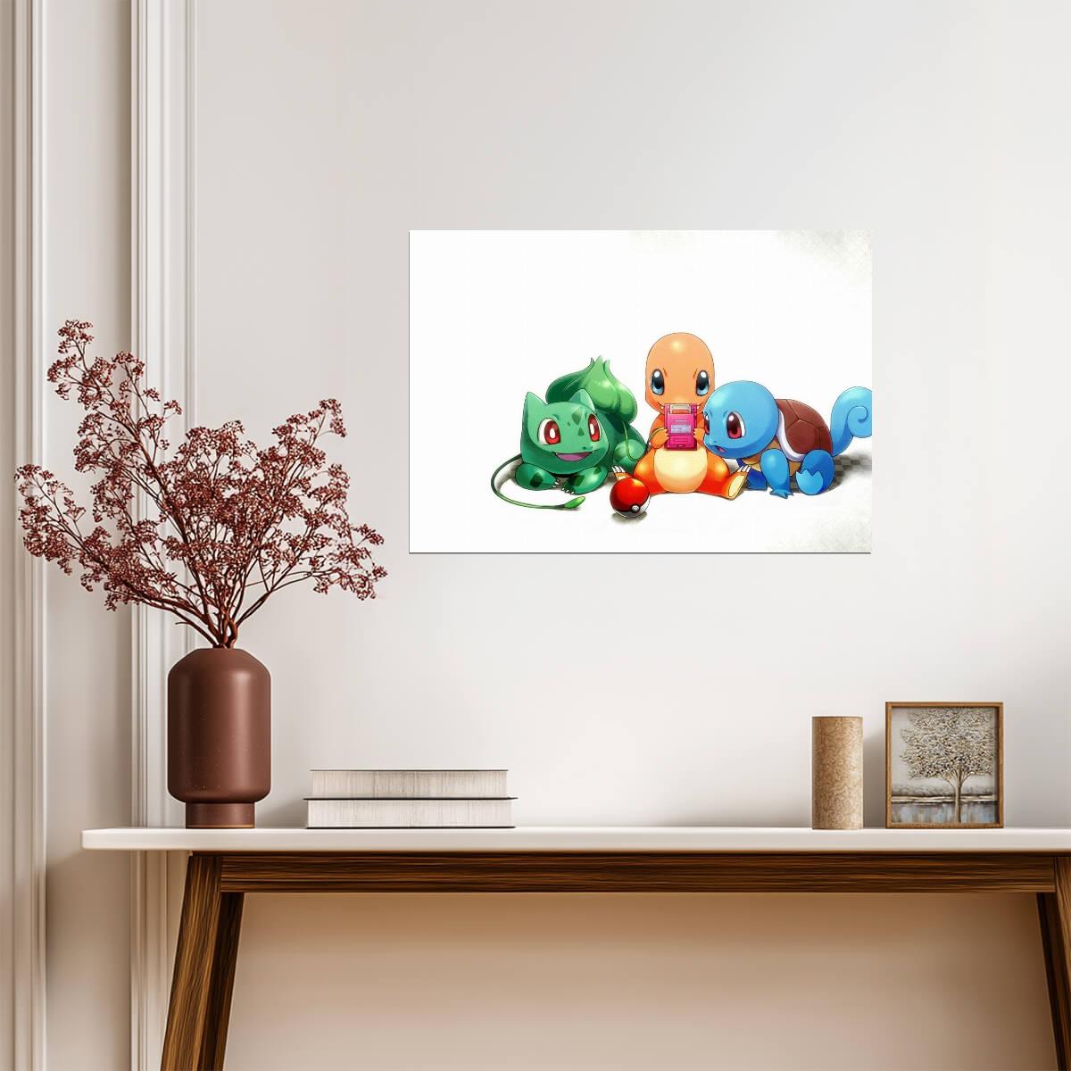 Pokemon Starters Playing Game Boy | Bulbasaur Charmander & Squirtle | Cute Retro Gaming Poster - Video Games Poster