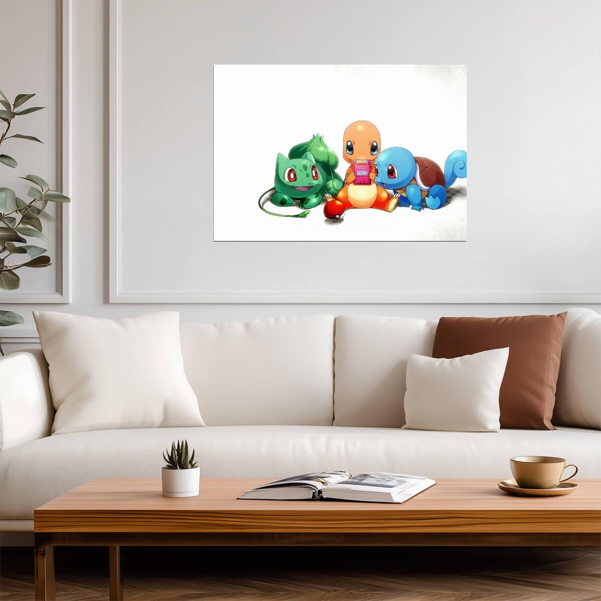 Pokemon Starters Playing Game Boy | Bulbasaur Charmander & Squirtle | Cute Retro Gaming Poster - Video Games Poster