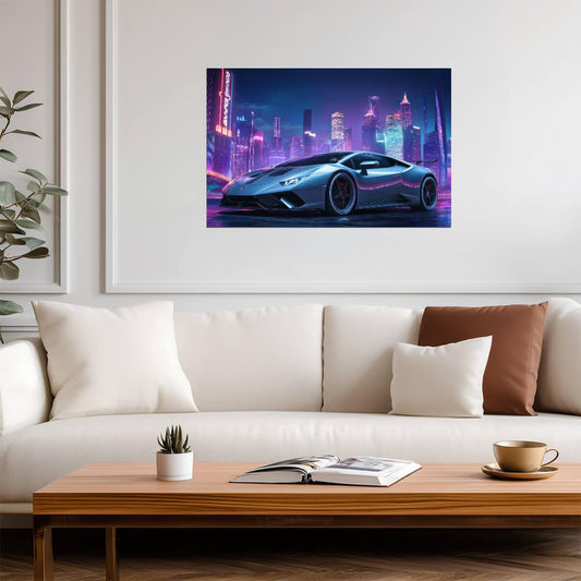 Lamborghini Huracan | Cyberpunk Automotive Art | Neon City Supercar Poster - Cars Poster