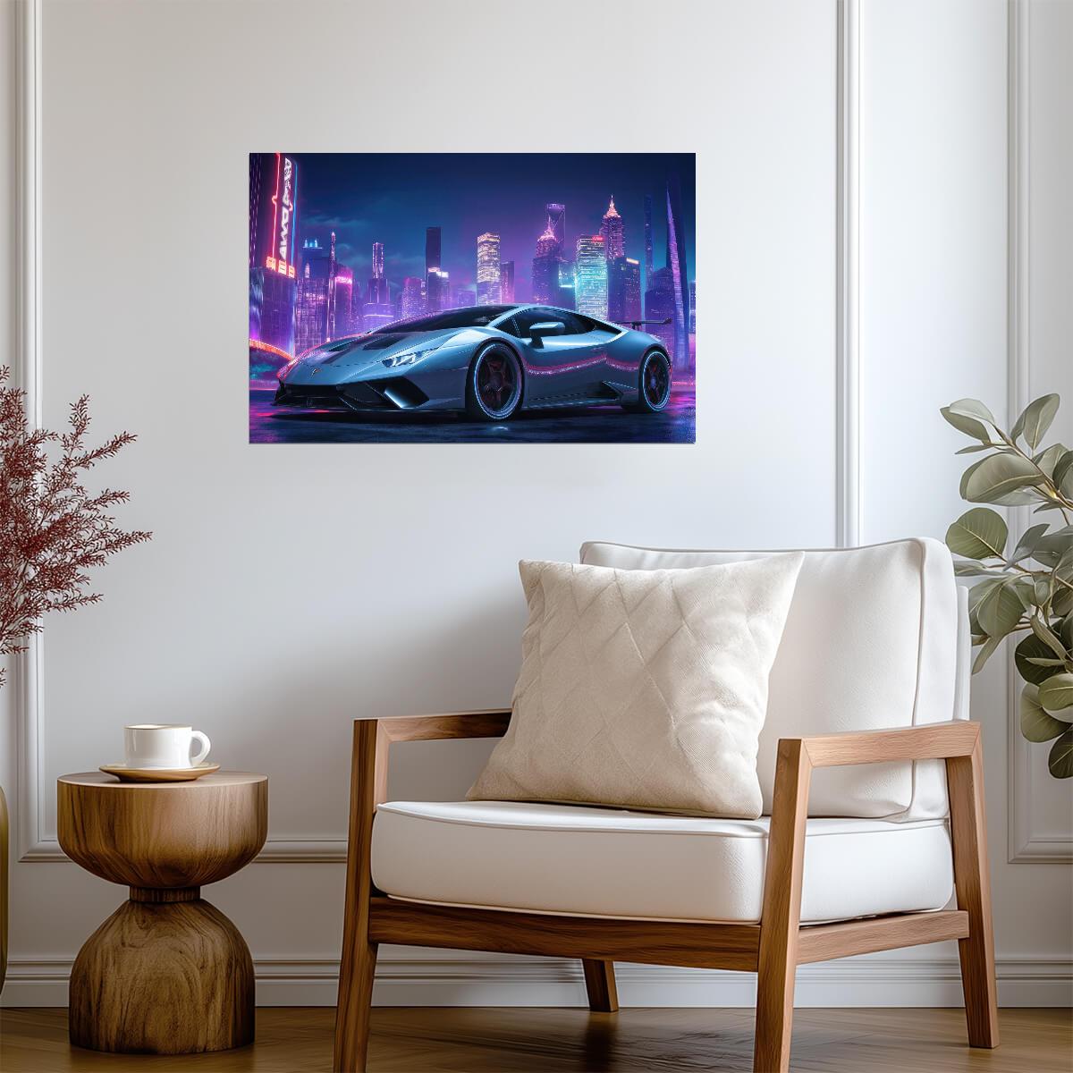 Lamborghini Huracan | Cyberpunk Automotive Art | Neon City Supercar Poster - Cars Poster