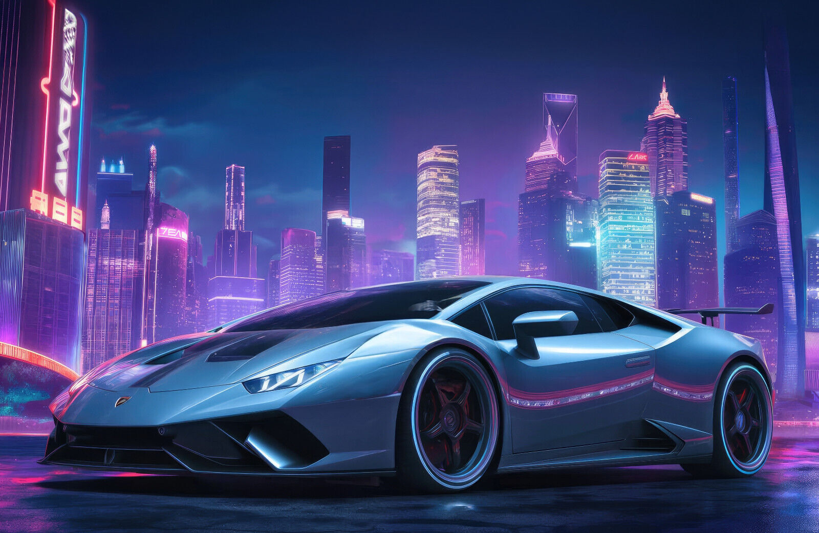 Lamborghini Huracan | Cyberpunk Automotive Art | Neon City Supercar Poster - Cars Poster
