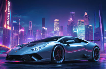 Lamborghini Huracan | Cyberpunk Automotive Art | Neon City Supercar Poster - Cars Poster