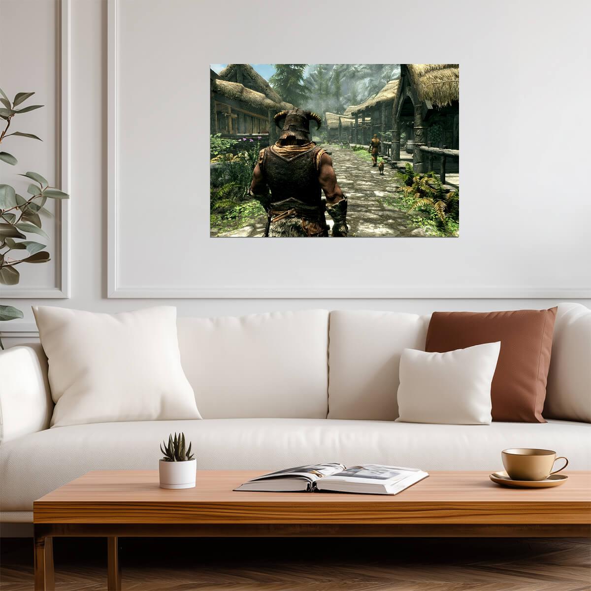 Skyrim Dragonborn in Riverwood | Fantasy Village Scenery Poster | RPG Exploration Game Art - Video Games Poster