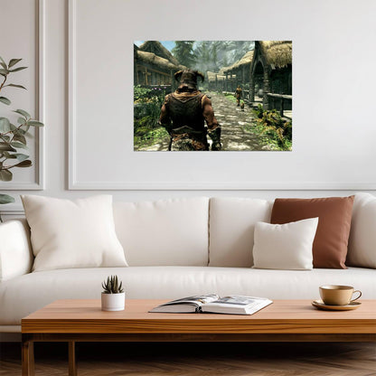 Skyrim Dragonborn in Riverwood | Fantasy Village Scenery Poster | RPG Exploration Game Art - Video Games Poster