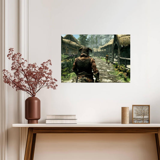Skyrim Dragonborn in Riverwood | Fantasy Village Scenery Poster | RPG Exploration Game Art - Video Games Poster