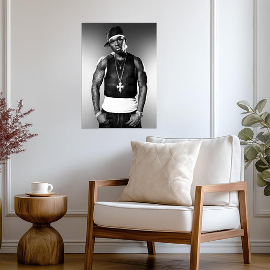 50 Cent in Bulletproof Vest | Black and White Poster | Classic Hip Hop Wall Art - Music Poster