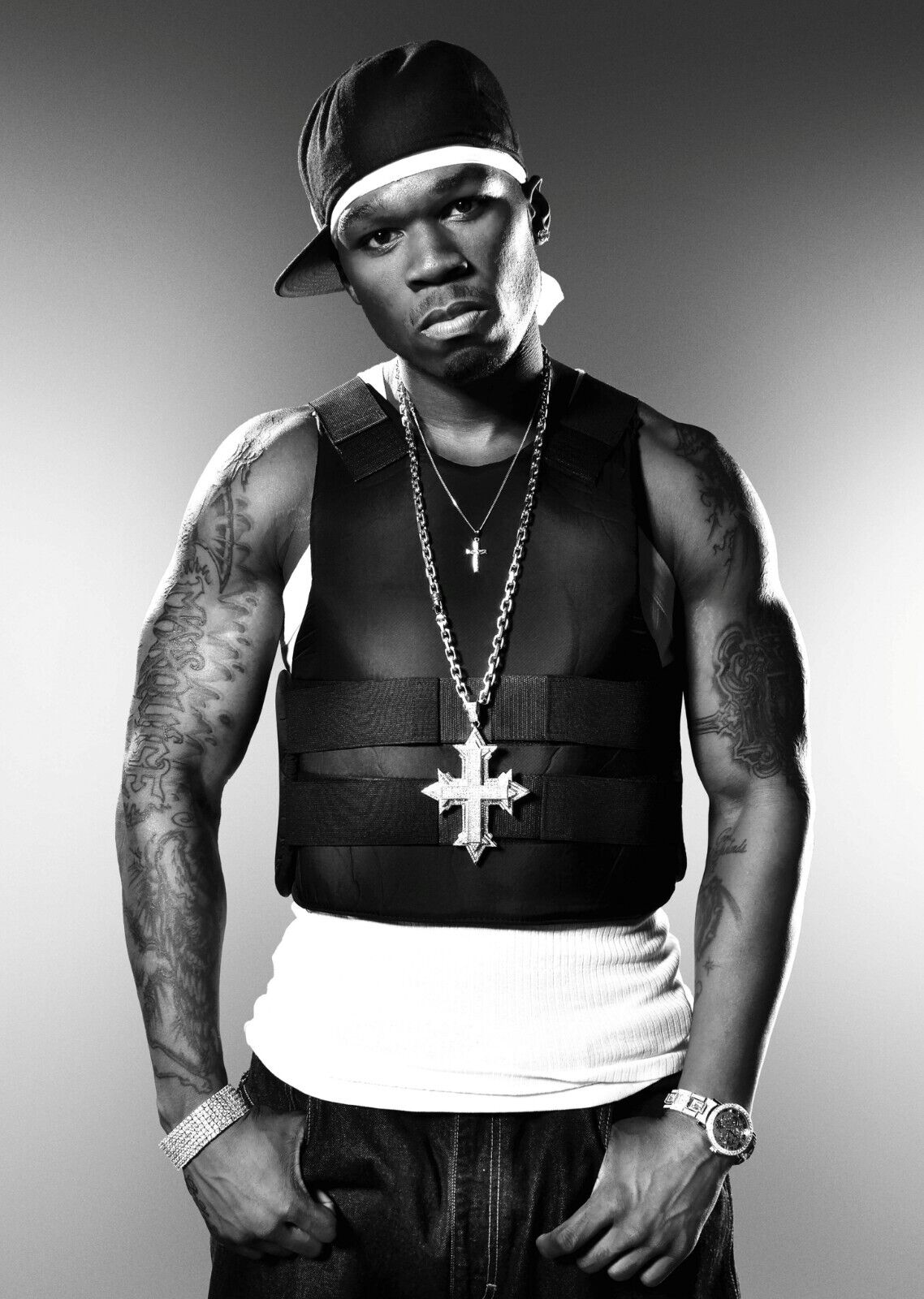 50 Cent in Bulletproof Vest | Black and White Poster | Classic Hip Hop Wall Art - Music Poster