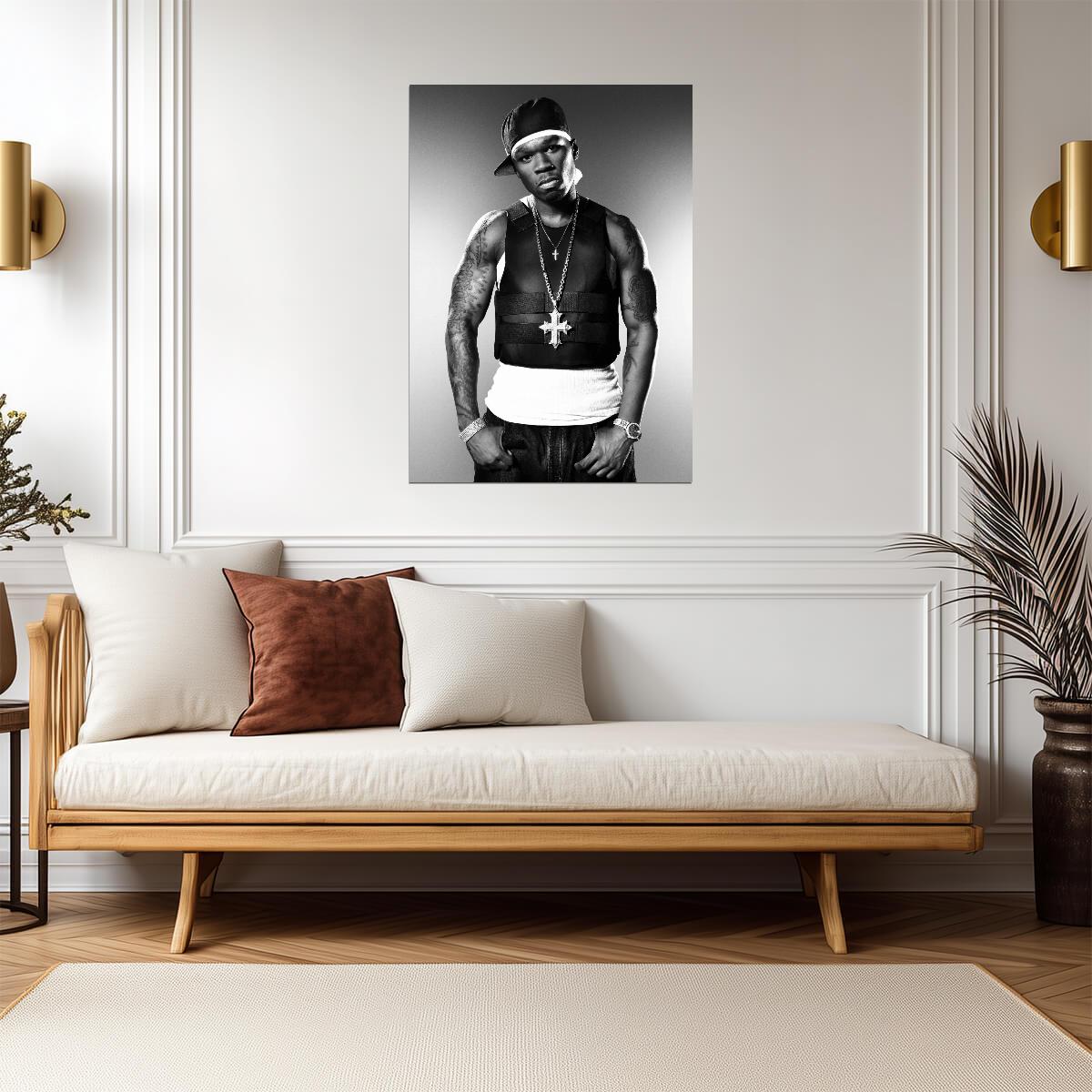 50 Cent in Bulletproof Vest | Black and White Poster | Classic Hip Hop Wall Art - Music Poster