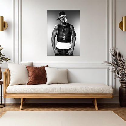 50 Cent in Bulletproof Vest | Black and White Poster | Classic Hip Hop Wall Art - Music Poster