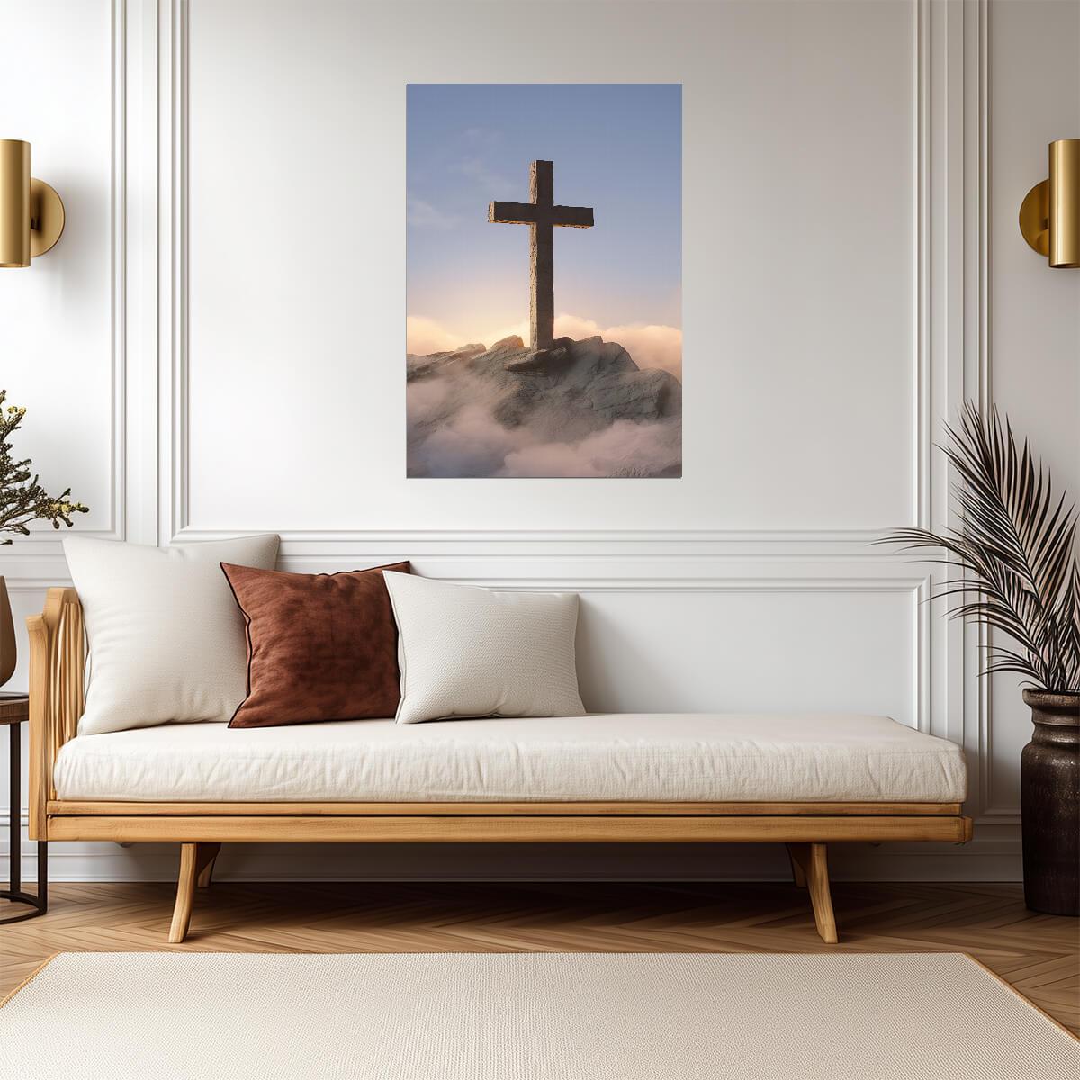 Christian Cross on Mountain | Religious Poster | Faith Wall Art - Graphic & Art Poster