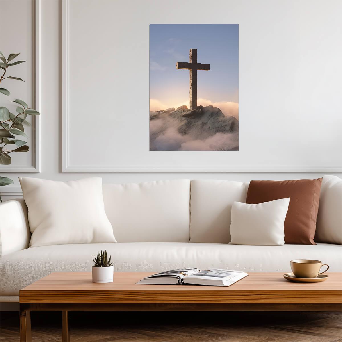 Christian Cross on Mountain | Religious Poster | Faith Wall Art - Graphic & Art Poster