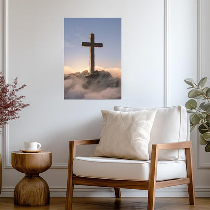 Christian Cross on Mountain | Religious Poster | Faith Wall Art - Graphic & Art Poster