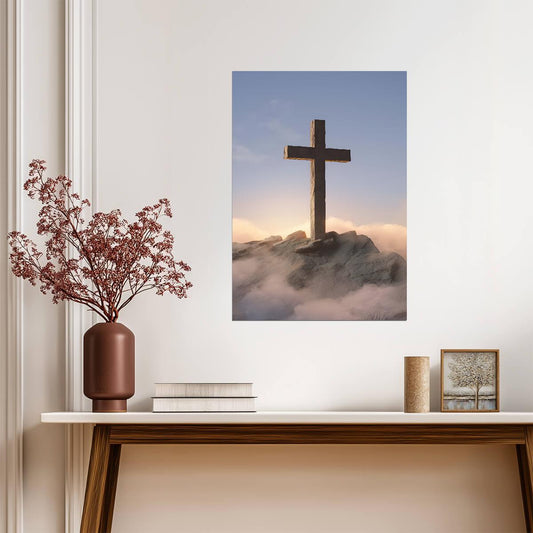 Christian Cross on Mountain | Religious Poster | Faith Wall Art - Graphic & Art Poster