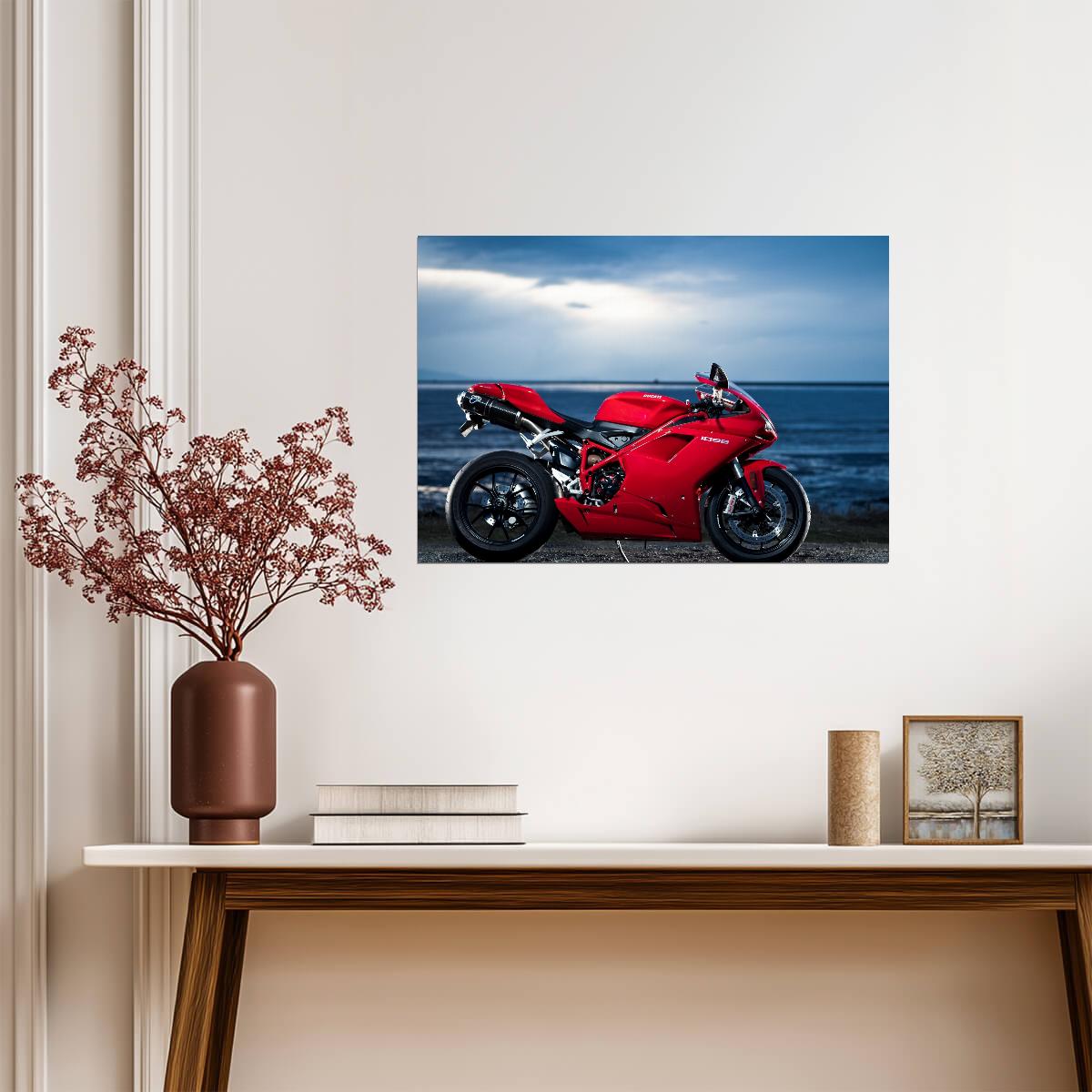 Ducati 1098 | Red Italian Superbike Poster | Supersport Motorcycle by the Ocean - Cars Poster