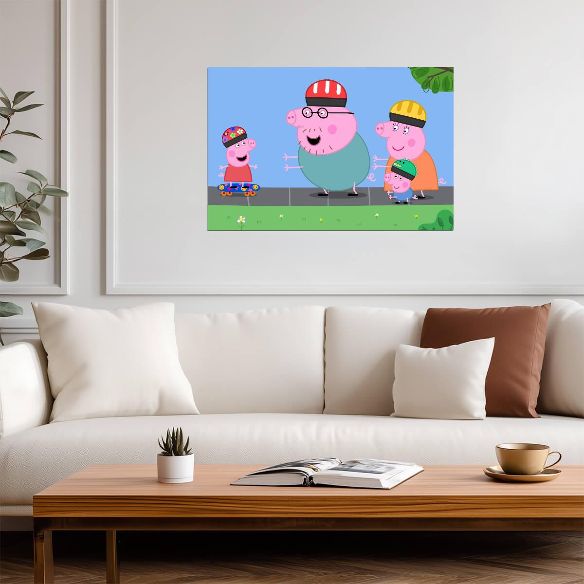 Peppa Pig Family Skateboarding Fun | Cute Cartoon TV Show Poster | Kids Room Decor - Movies & TV Poster