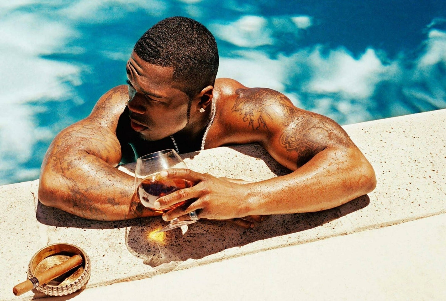 50 Cent in Pool with Cognac | Luxury Lifestyle Poster | Hip Hop Star Wall Art - Music Poster