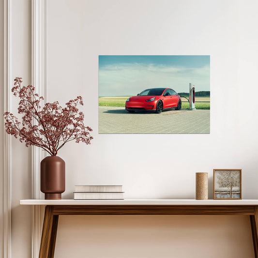 Novitec Tesla Model 3 | Red Electric Car Poster | EV at Supercharger Station - Cars Poster